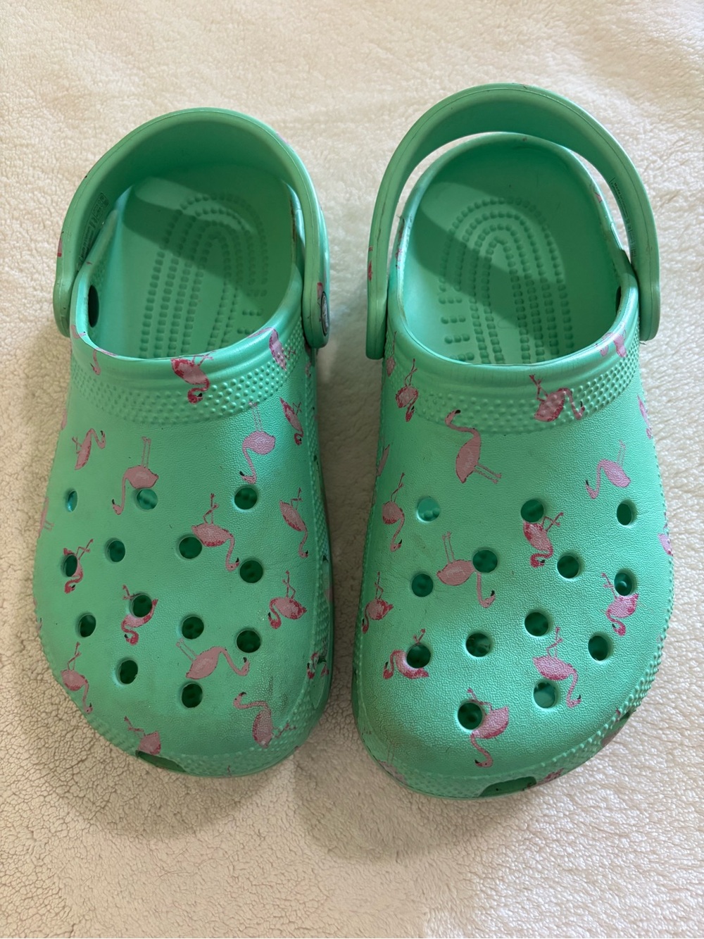 CROCS W8 Mint Green Clogs with Pink Flamingo Print and Back Strap